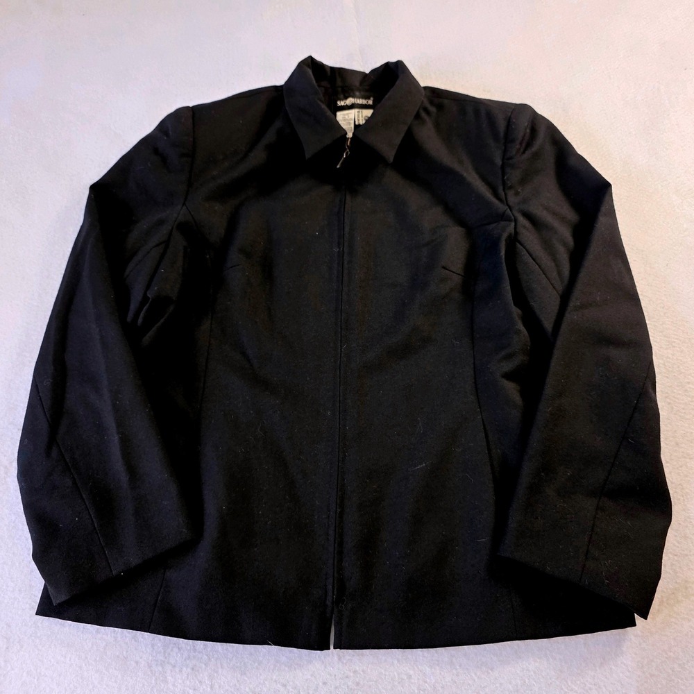 Sag Harbor Black 100% Worsted Wool Zip Front Blazer Jacket Size 18 F23029